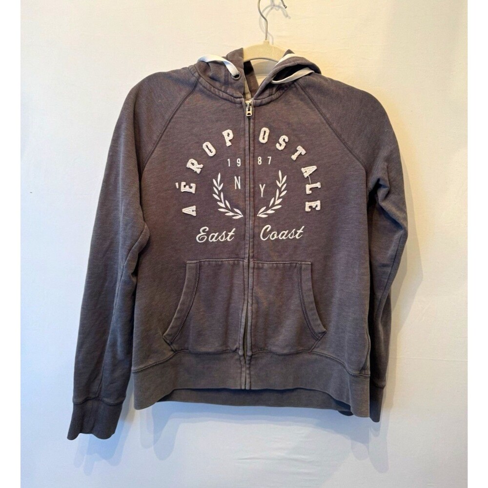 Aéropostale Full Zip Hoodie Womens L Gray Fleece Logo Graphic Print Pockets
